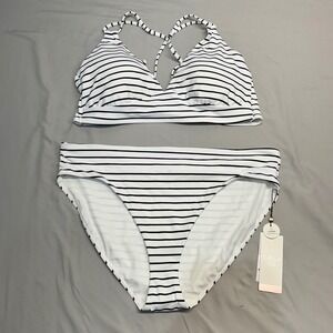 CALIA by Carrie Underwood Black White Stripe Halter Bikini Swimsuit Set XL